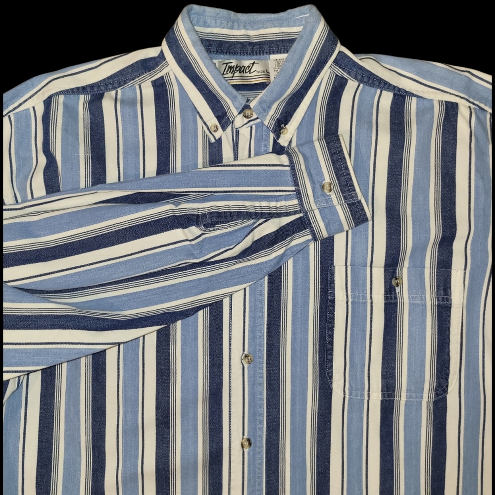 Vintage Impact Mens Large Long Sleeve Button Shirt Blue Stripe 100% Cotton